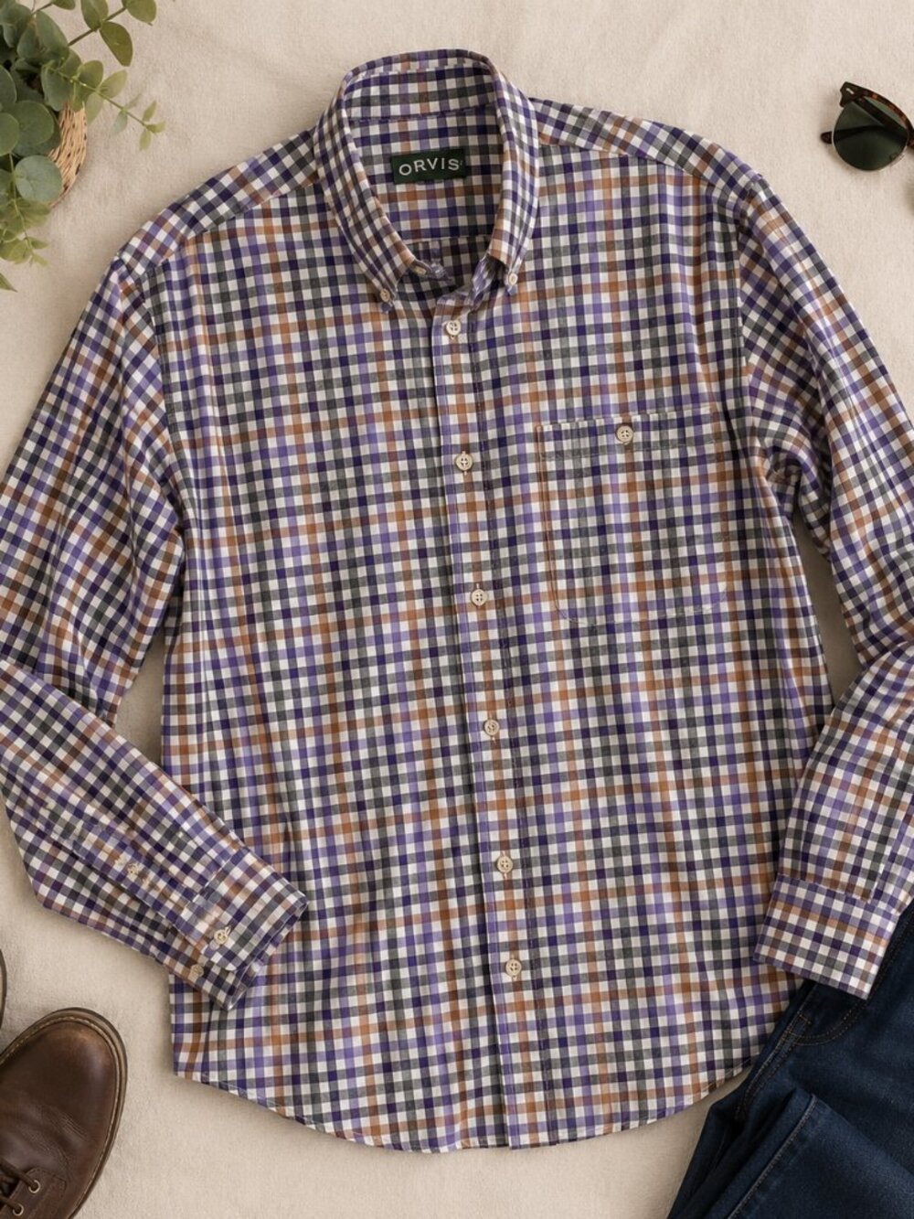 Orvis Men’s Large Purple Plaid Button Down Shirt 100% Cotton Long Sleeve